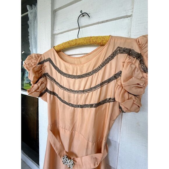 Antique 30's Peach Taffeta Satin Beaded Ruffled Dress AS IS TLC Size XS/S - Picture 16 of 16